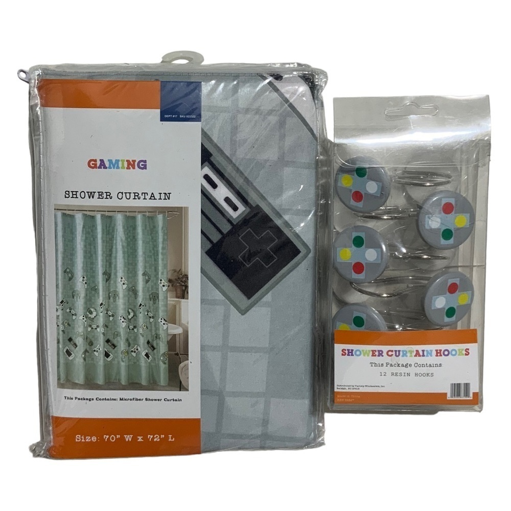 Gamer Bath Set Fabric Shower Curtain and Hooks  70 X 72” Multi Grey Green